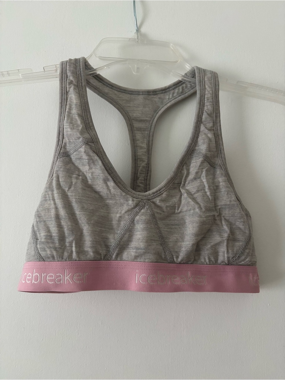 Icebreaker Heather Gray Racerback Sports Bra with Pink Logo Band